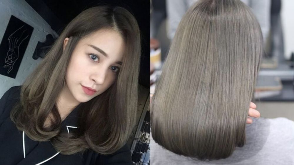 Người có mái tóc dài màu nâu tro, góc chụp phía trước và phía sau trong tiệm làm tóc.