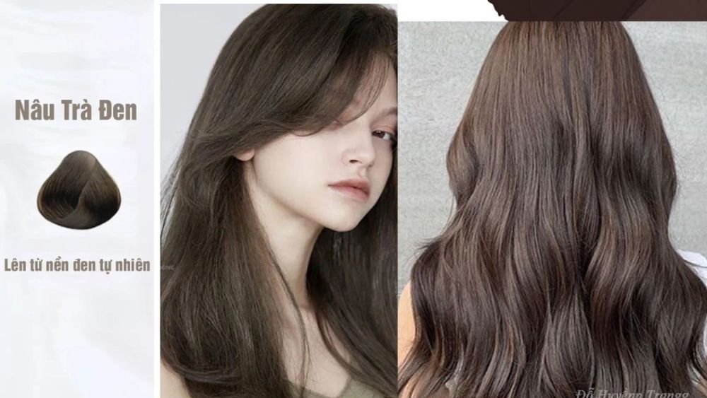 Người mẫu với tóc dài màu nâu trà đen, hình ảnh minh họa màu tóc từ nền đen tự nhiên.