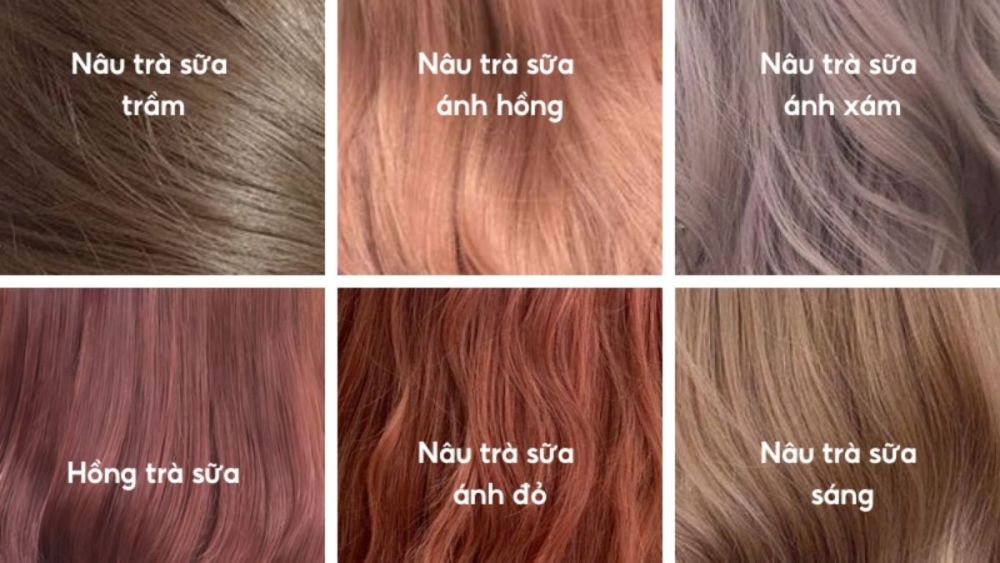 mau-nau-tra-sữa-22 Ảnh hiển thị sáu mẫu tóc nhuộm với các màu sắc khác nhau và tên gọi tương ứng từng màu.