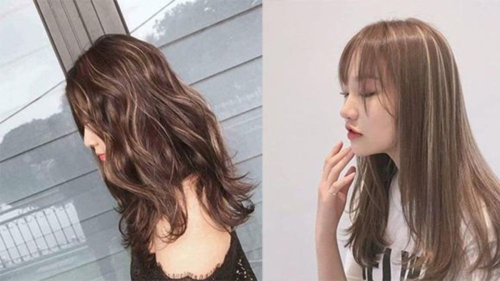 mau-nau-tra-sua-24 Hai người với kiểu tóc khác nhau, một người tóc xoăn sóng nhẹ và một người tóc thẳng với mái ngang.