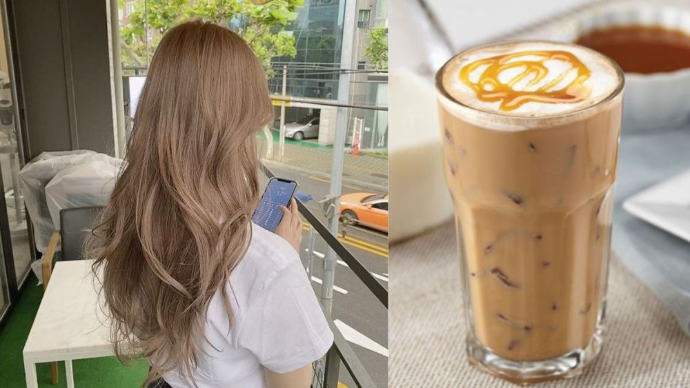 mau-nau-tra-sua-4 Một người với mái tóc dài nâu đứng ngoài ban công, bên cạnh là ly cà phê sữa đá với lớp caramel.