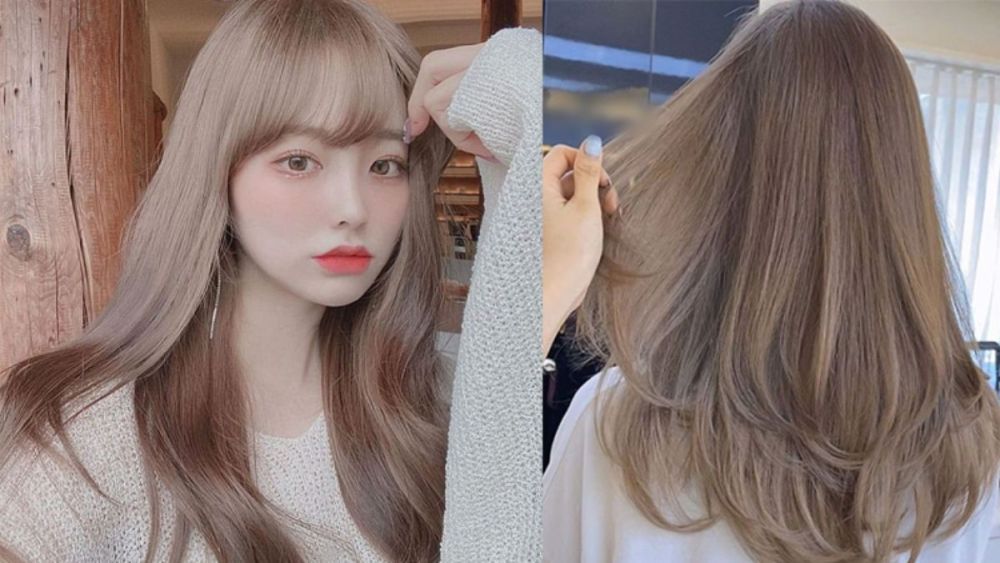 Hình ảnh hai kiểu tóc nhuộm nâu vàng, một với tóc mái và một với tóc thẳng dài từ phía sau.