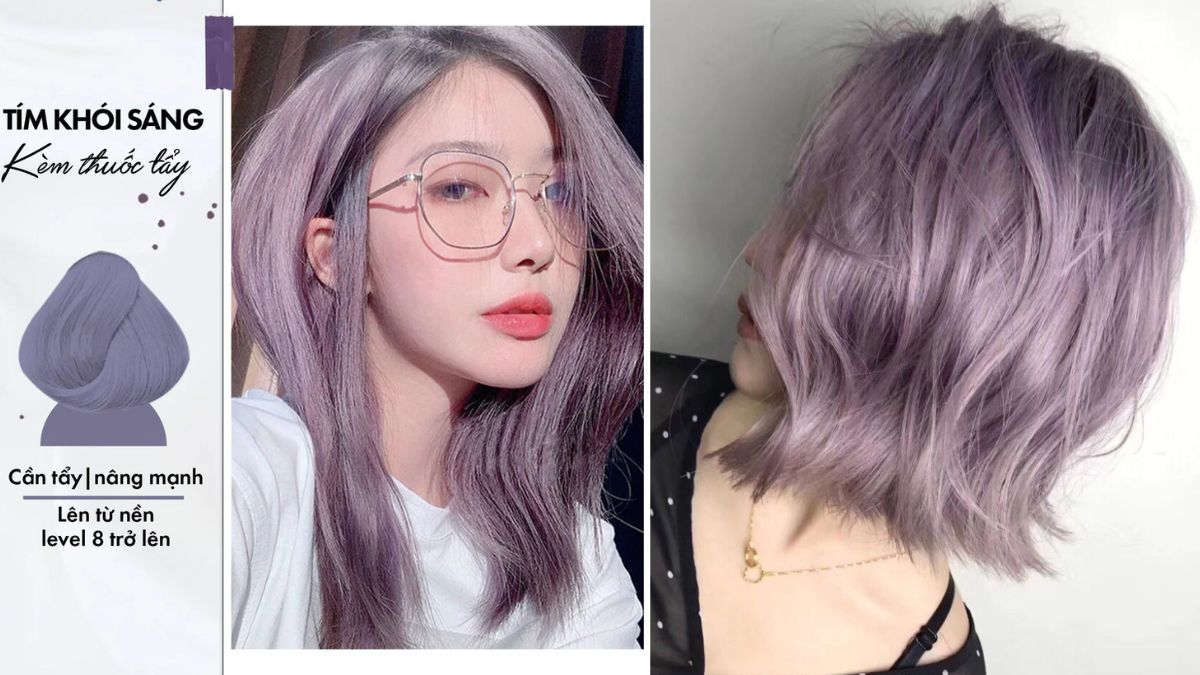 mau-tim-khoi-3 Người có mái tóc nhuộm màu tím khói, đeo kính trong suốt, áo trắng, bên cạnh là hình tóc ngắn tím khói.
