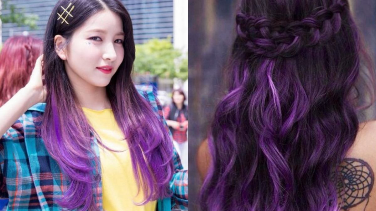 mau-tim-khoi-4 Người với tóc nhuộm ombre tím đứng ngoài trời, bên cạnh là tóc tết tím nhìn từ phía sau.