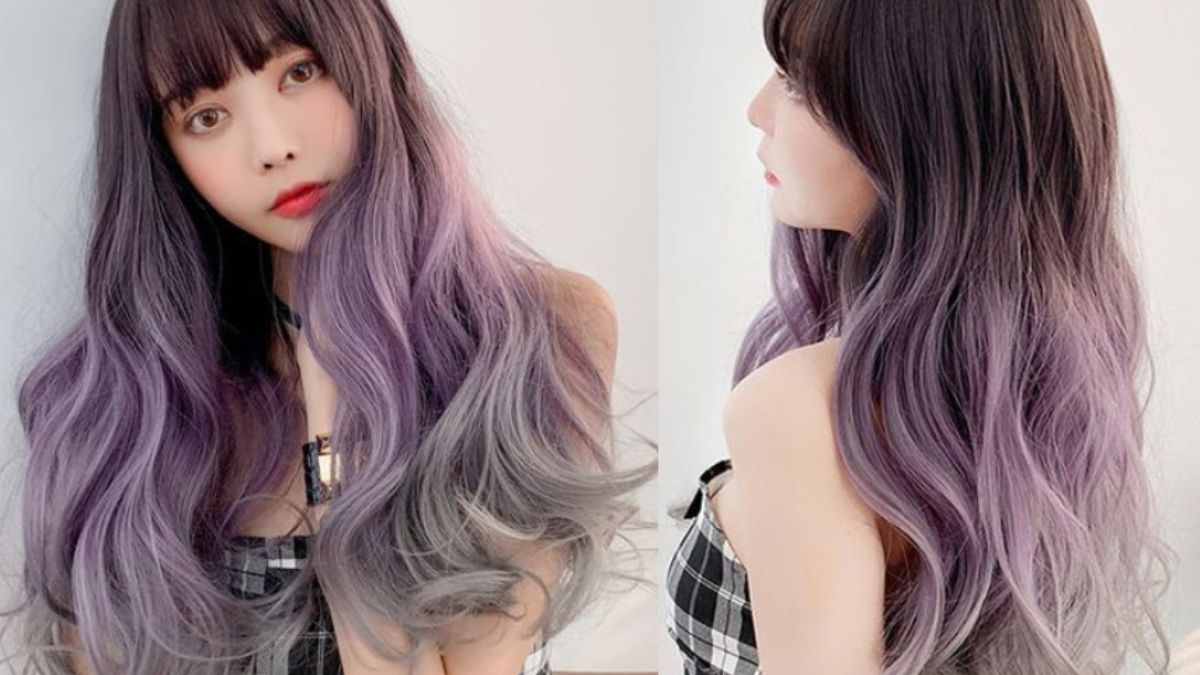 mau-tim-khoi-8 Người với mái tóc dài màu tím ombre, mặc trang phục kẻ caro, nhìn thẳng và nghiêng bên trong hai ảnh ghép.