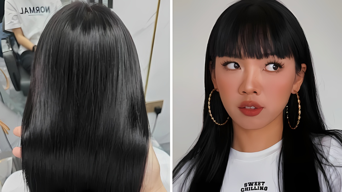 Một người đang ngồi trong tiệm làm tóc, tóc đen dài óng mượt. Cận cảnh khuôn mặt với tóc mái và hoa tai lớn.