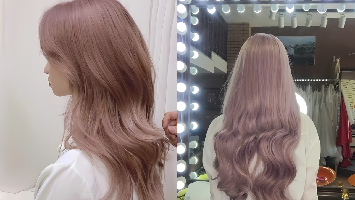 Hình ảnh tóc nhuộm màu hồng tím, một người đang tạo kiểu tóc gợn sóng ở salon.