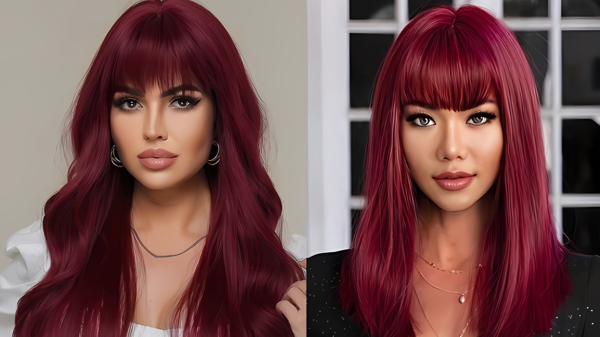 Hai người với mái tóc đỏ, phong cách trang điểm nổi bật, cùng mặc trang phục thời trang hiện đại.
