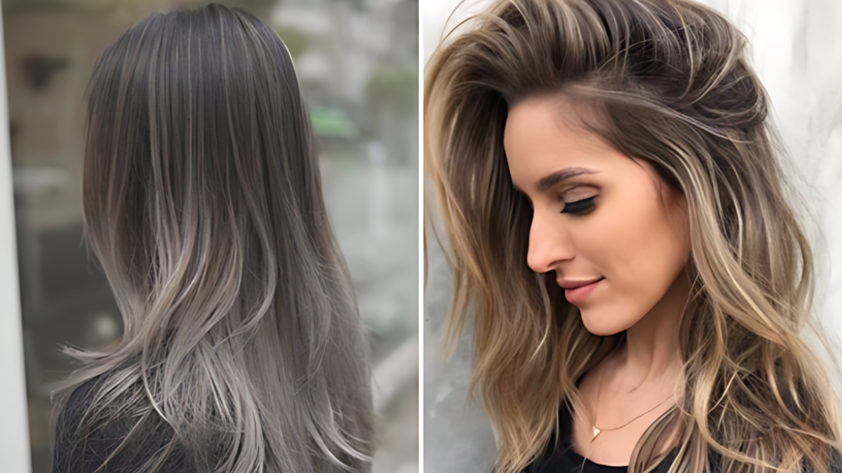 Bên trái: Tóc dài nhuộm xám khói. Bên phải: Tóc dài gợn sóng màu nâu sáng, người mẫu nhìn nghiêng.