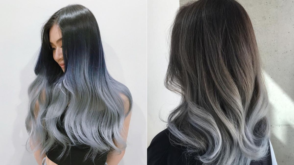 Hai kiểu tóc dài nhuộm màu ombre xám, một kiểu từ góc nhìn bên trái và một từ phía sau.