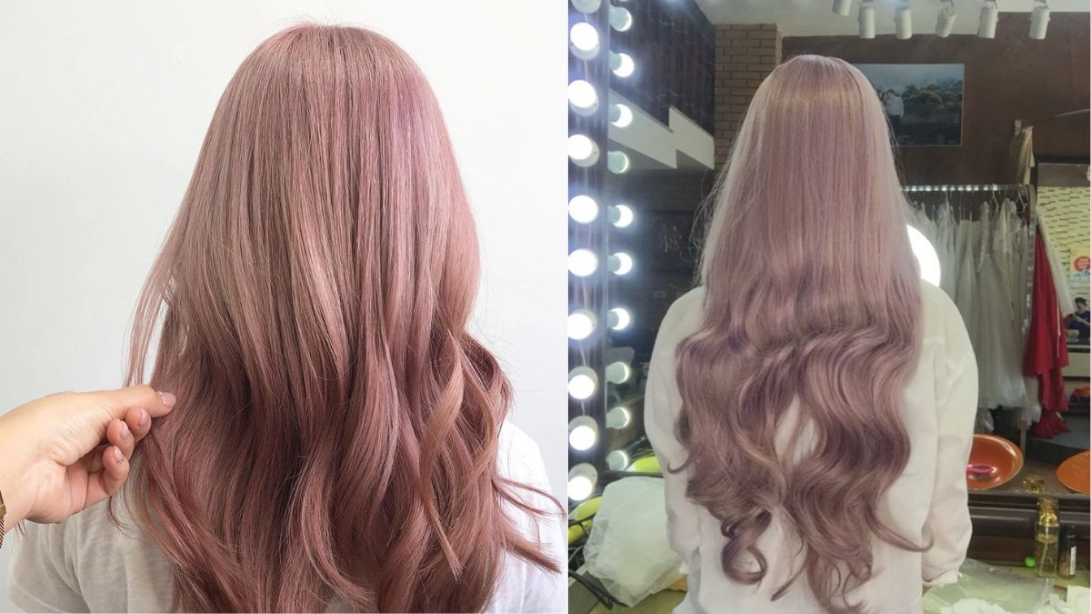 Hai kiểu tóc dài màu hồng pastel, một thẳng và một uốn sóng nhẹ, hiển thị từ phía sau.