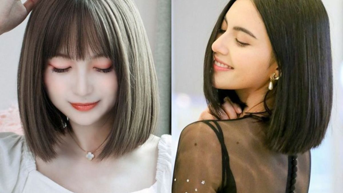 Hai người đang tạo dáng với kiểu tóc ngắn, một người nhìn xuống, người kia mỉm cười nhìn sang bên.