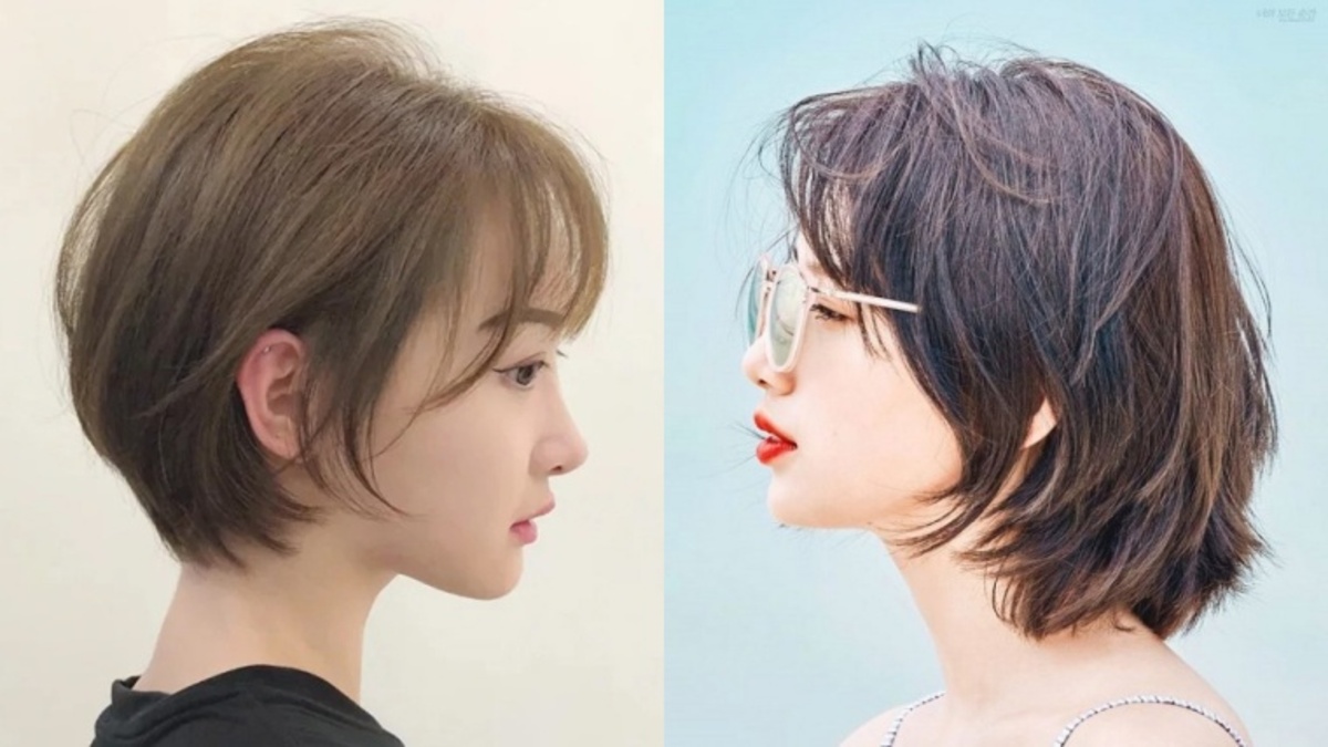 Hai người với kiểu tóc ngắn khác nhau, nhìn nghiêng, một người đeo kính râm, nền trắng và xanh.