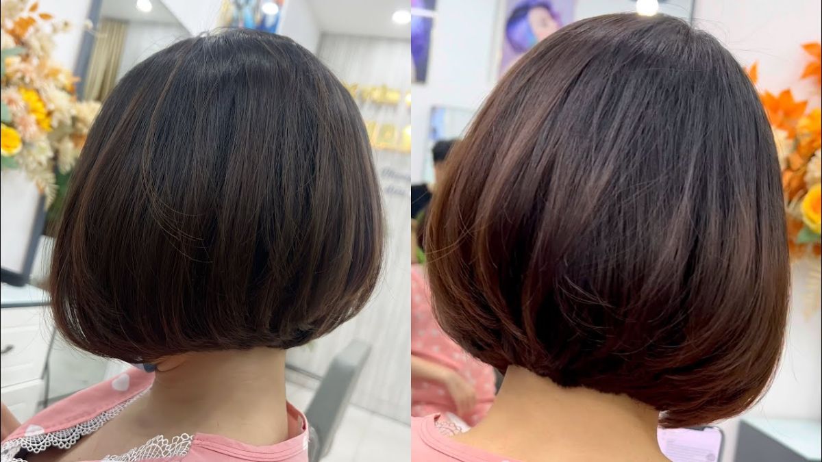 Hai kiểu tóc bob ngắn, nhìn từ phía sau, với màu tóc tối, trong không gian tiệm làm tóc.