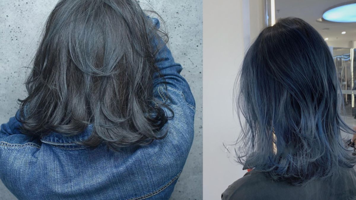 mau-xanh-den-11 Hai kiểu tóc màu xanh đen, một người mặc áo denim, người kia trong phòng sáng.