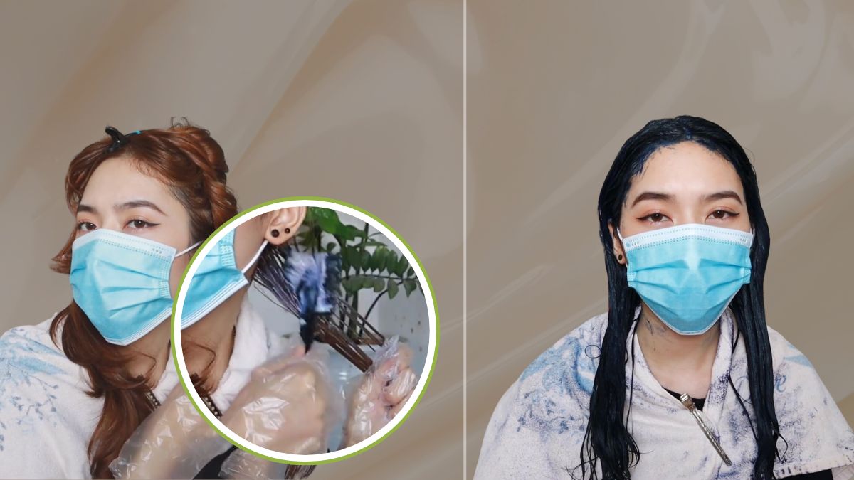 Người đeo khẩu trang, đang nhuộm tóc từ nâu sang đen. Hình tròn phóng to cảnh quét thuốc nhuộm.