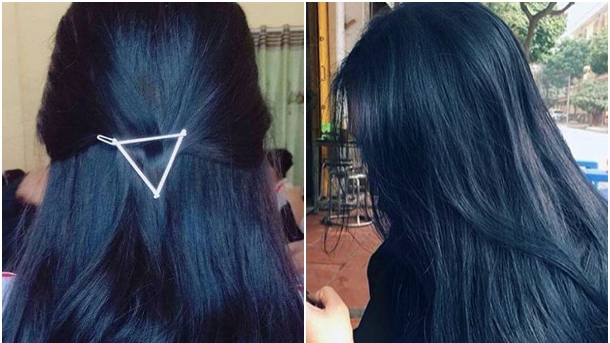 mau-xanh-den-6 Người với tóc dài màu xanh đậm, một hình chụp từ phía sau có kẹp tóc hình tam giác.