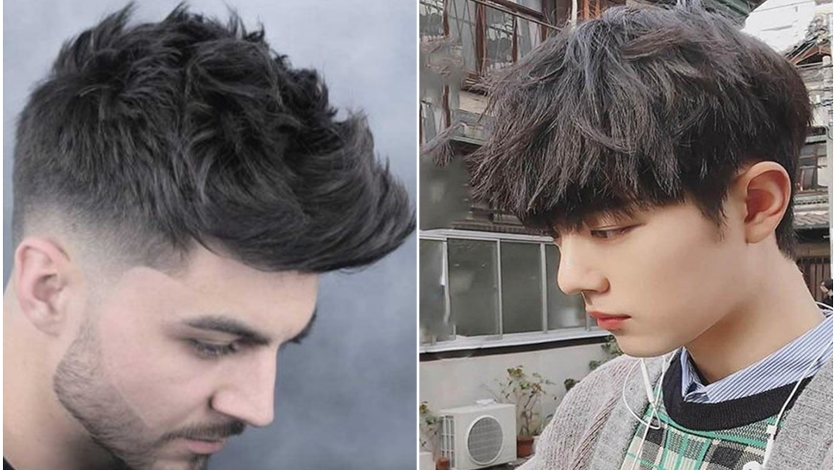 mau-xanh-khoi-5-1 Hai kiểu tóc nam khác nhau, một bên tóc ngắn vuốt phồng, bên kia tóc mái dài tự nhiên.