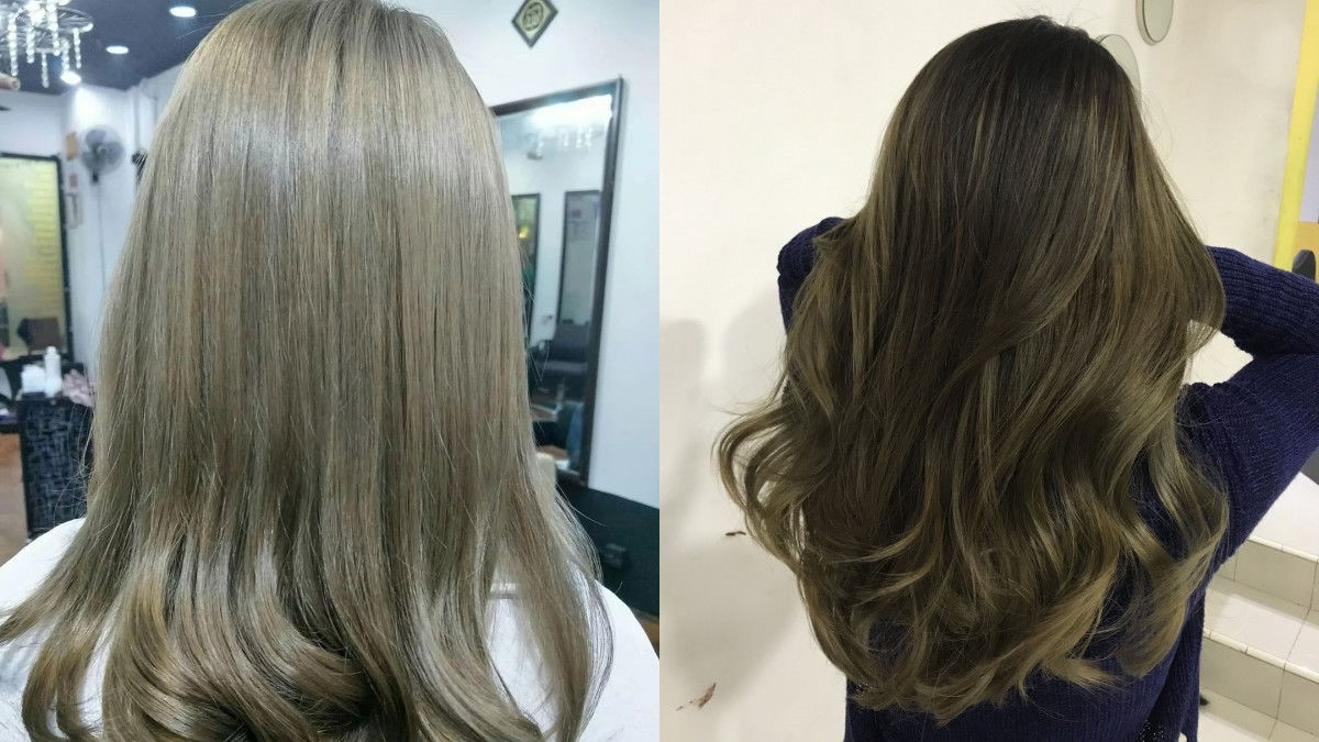 Hình ảnh so sánh hai kiểu tóc nhuộm màu nâu khói, một kiểu tóc thẳng và một kiểu tóc xoăn gợn sóng.