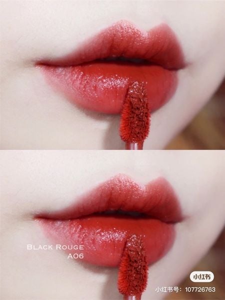 Cận cảnh đôi môi với son đỏ, cọ son đang thoa đều để tạo màu sắc rực rỡ và bóng bẩy.