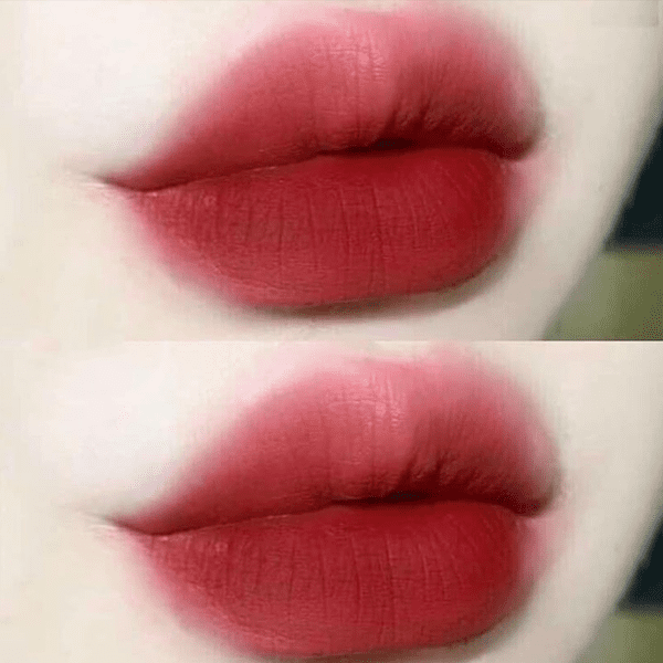 Đôi môi được tô son đỏ mờ, thể hiện hai phong cách trang điểm khác nhau ở hai hình kề nhau.