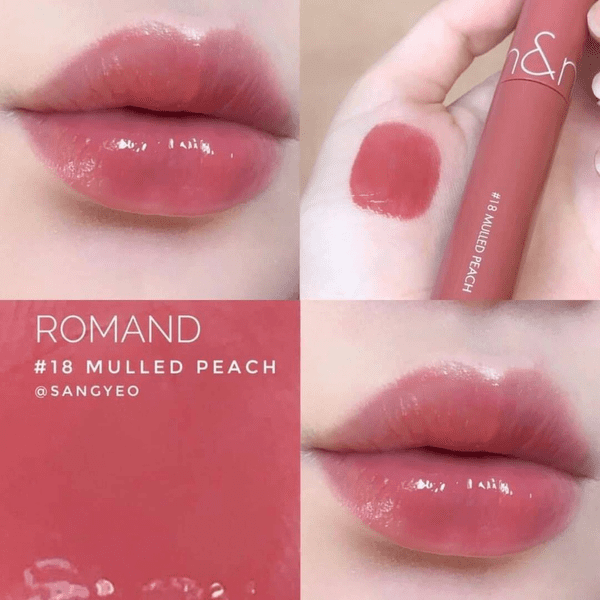 Son môi màu hồng đào, thương hiệu Romand, số #18 Mulled Peach, được thử trên môi và tay.