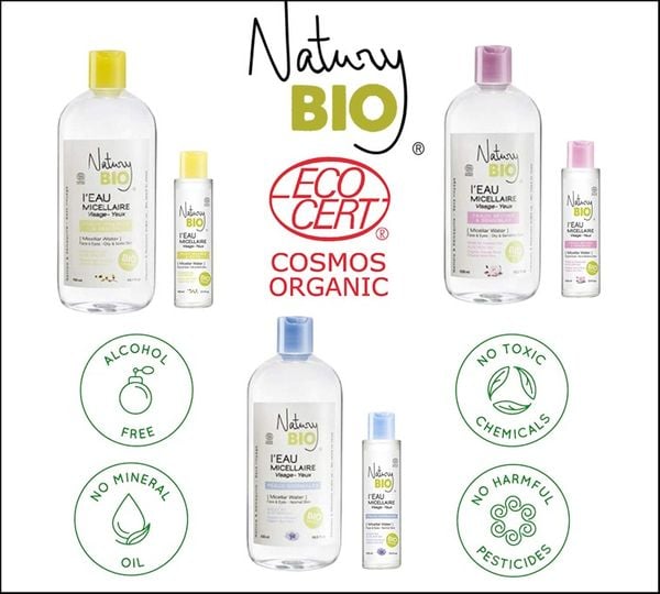 Hình ảnh các chai nước tẩy trang Natuy BIO, có chứng nhận hữu cơ, không cồn, không hóa chất độc hại.