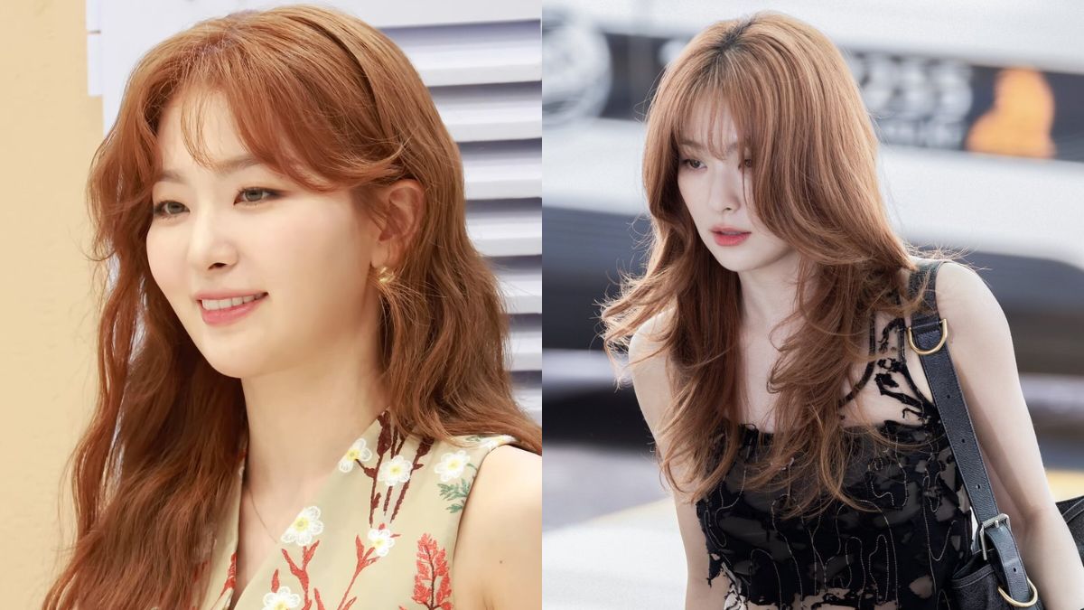 Hai người phụ nữ t&oacute;c d&agrave;i m&agrave;u n&acirc;u đỏ, mặc trang phục kh&aacute;c nhau, một người cười, người kia nh&igrave;n nghi&ecirc;ng.