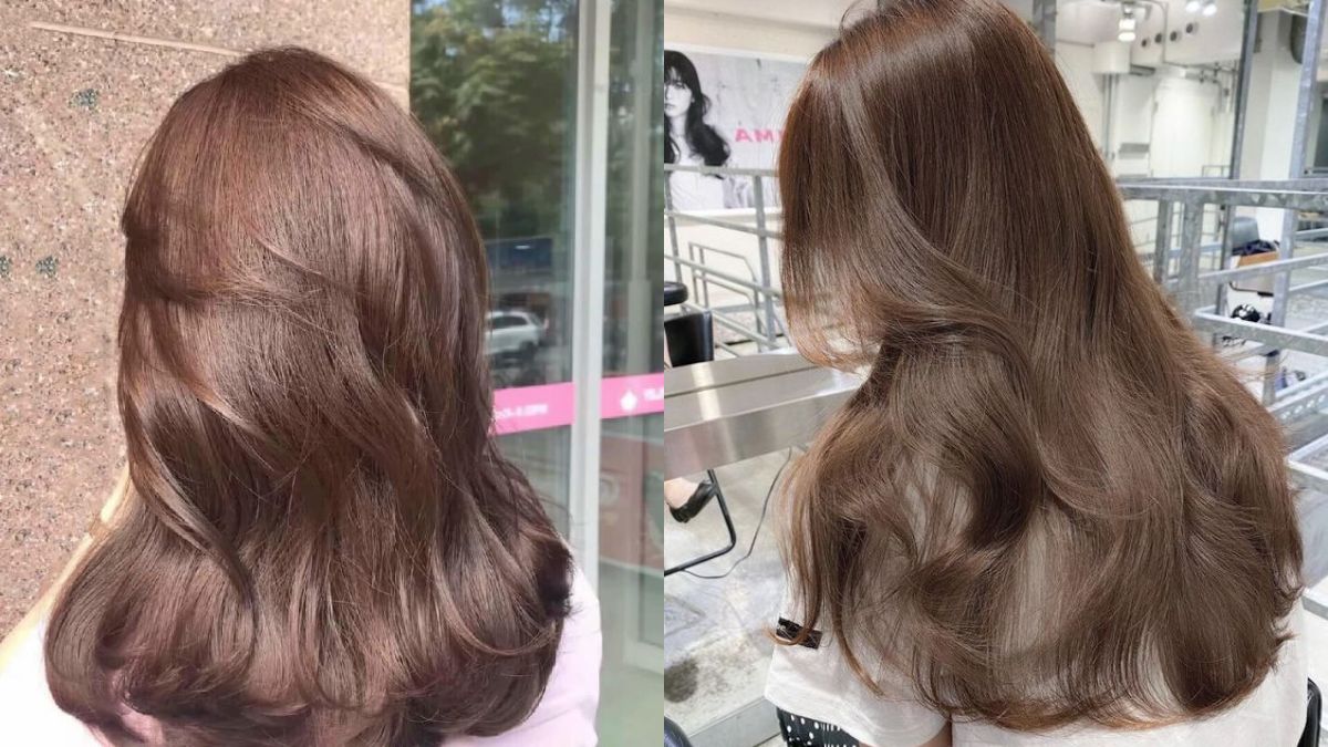 nau-caramel-12 Hình ảnh hai kiểu tóc nhuộm nâu, một bên mái tóc ngắn và một bên mái tóc dài, trong môi trường khác nhau.