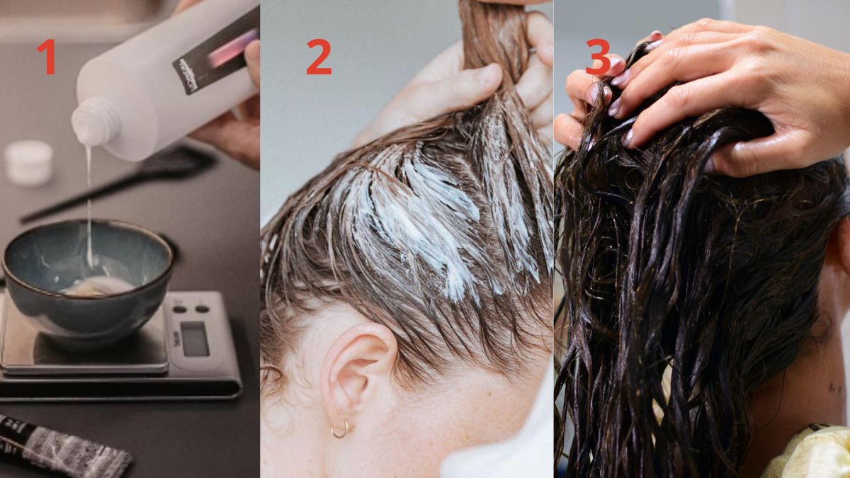 nau-caramel-14 Quy trình ba bước chăm sóc tóc: pha chế sản phẩm, bôi lên tóc và xoa bóp tóc với hỗn hợp.