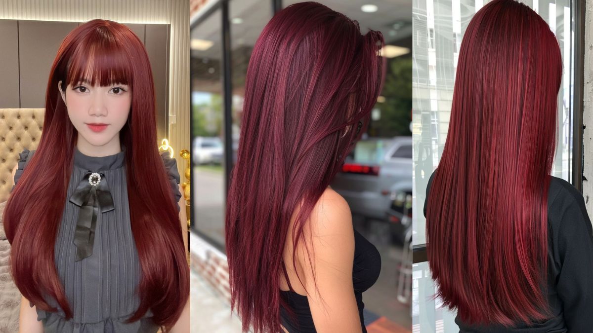 nau-cherry-12 Ba hình ảnh tóc dài thẳng màu đỏ rượu vang từ các góc nhìn khác nhau, trong nhà và ngoài trời.