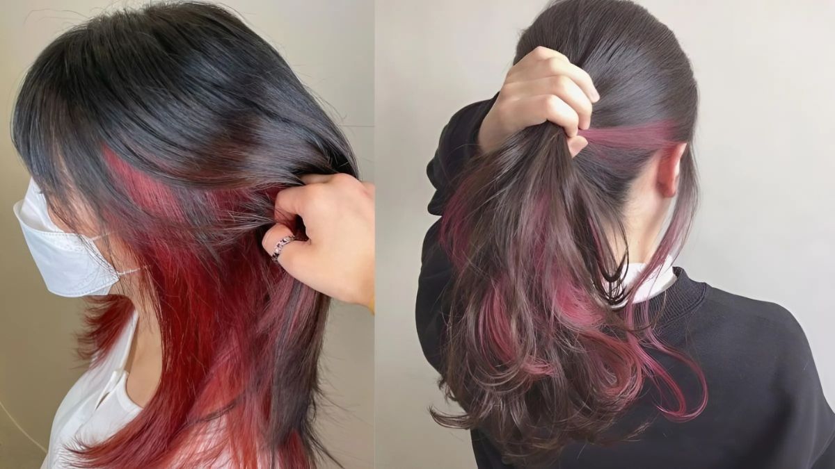 nau-cherry-3 Hai kiểu tóc với màu nhuộm đỏ bên dưới tóc đen, một bên để xõa, một bên buộc cao, tạo điểm nhấn cá tính.
