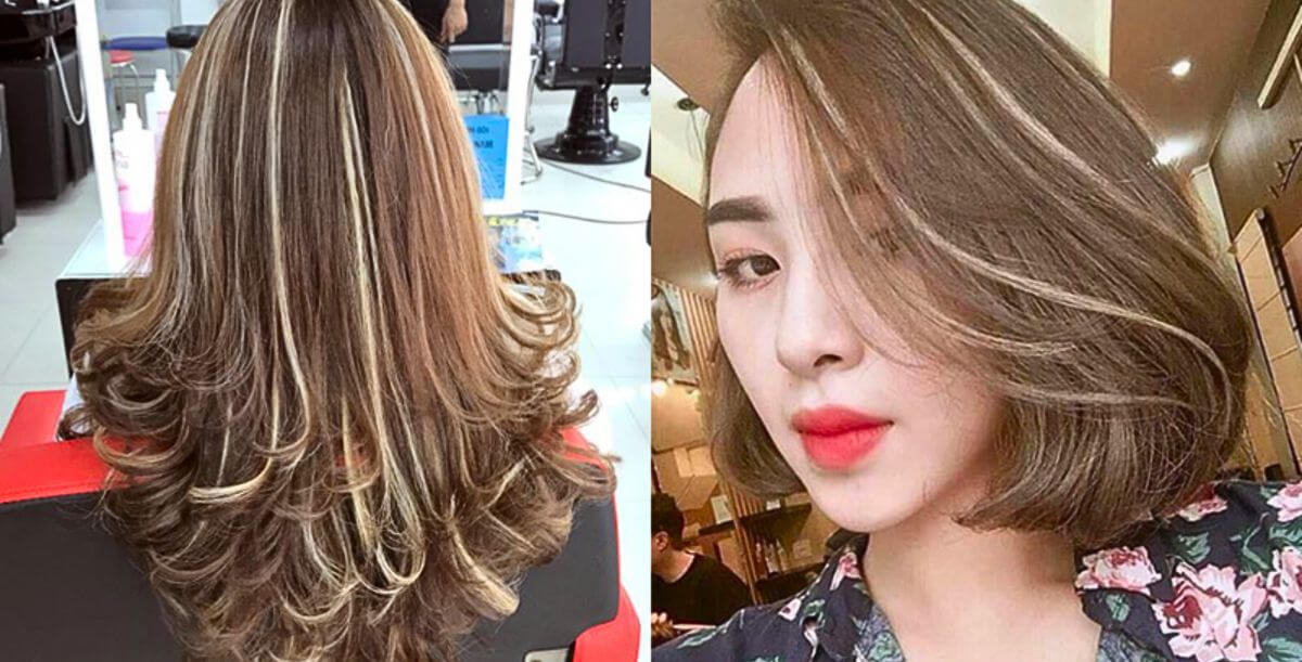 Hai kiểu tóc nhuộm highlight khác nhau, một dài xoăn nhẹ và một ngắn ngang vai.