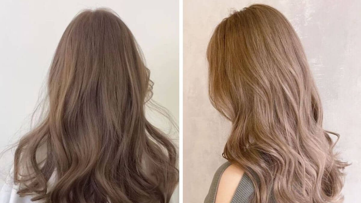 Hai kiểu tóc dài uốn xoăn nhẹ, màu nâu sáng, chụp từ phía sau trên nền tường trắng.