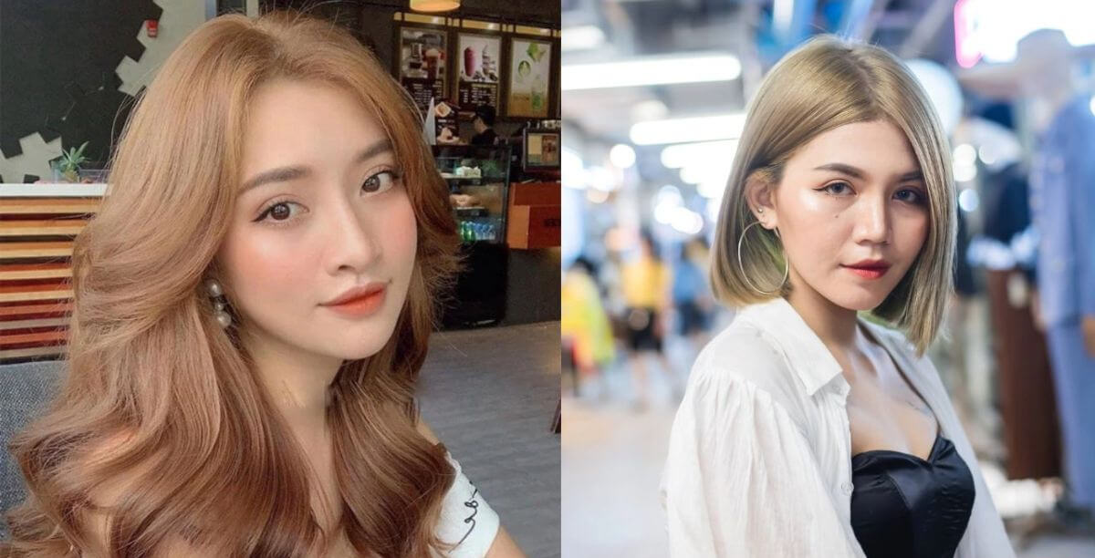 Hai người phụ nữ trẻ với kiểu tóc và trang phục khác nhau trong môi trường quán cà phê và ngoài trời.