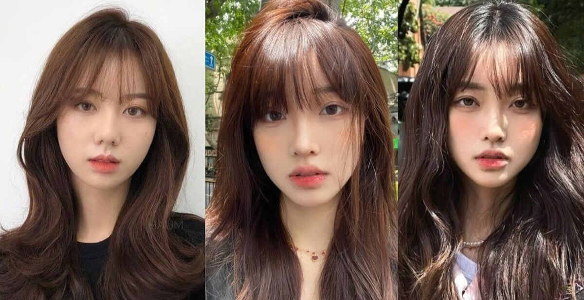 Ba người phụ nữ với mái tóc dài và tóc mái thưa, chụp chân dung trong các bối cảnh khác nhau.