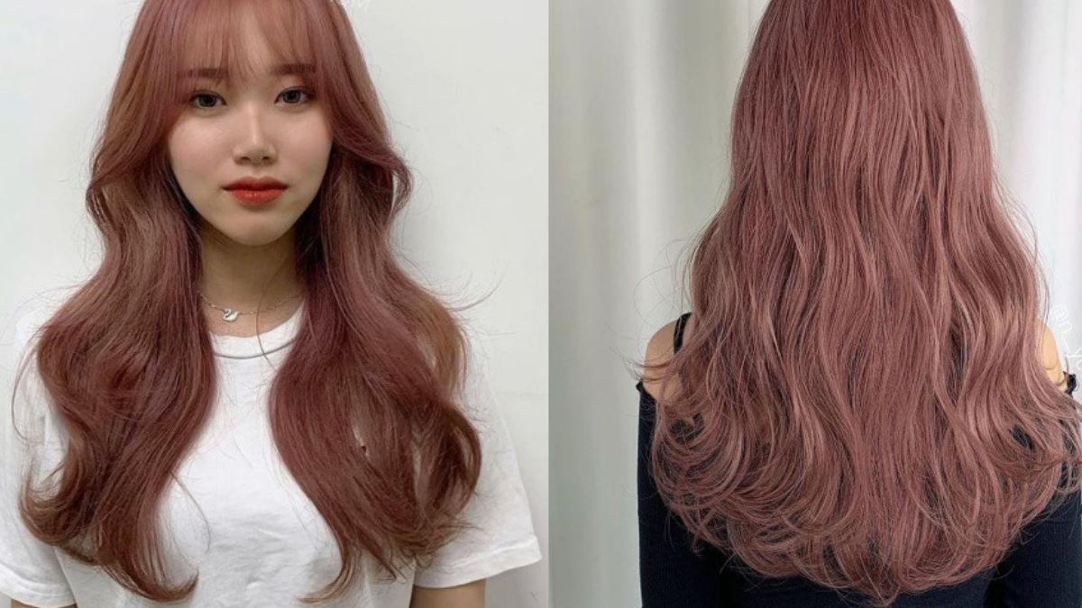 nau-hong-10 Hai hình ảnh về kiểu tóc dài, xoăn nhẹ, màu nâu đỏ từ phía trước và phía sau.