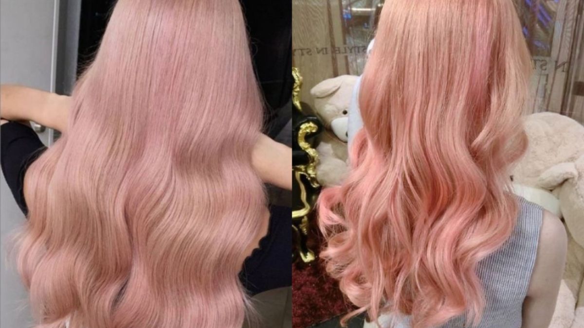 Mái tóc dài màu hồng pastel, uốn lượn sóng, được chụp từ phía sau trong hai khung cảnh khác nhau.