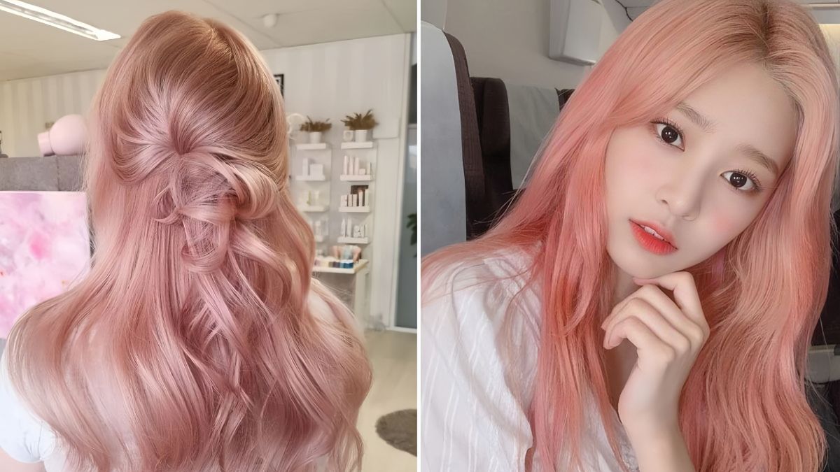 Hình ảnh tóc dài màu hồng pastel, bên trái kiểu búi nhẹ, bên phải kiểu buông xõa tự nhiên.