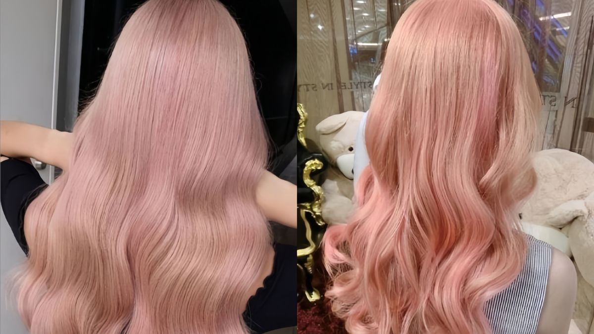 Hai kiểu tóc dài, màu hồng pastel, với các lọn tóc uốn lượn nhẹ nhàng.
