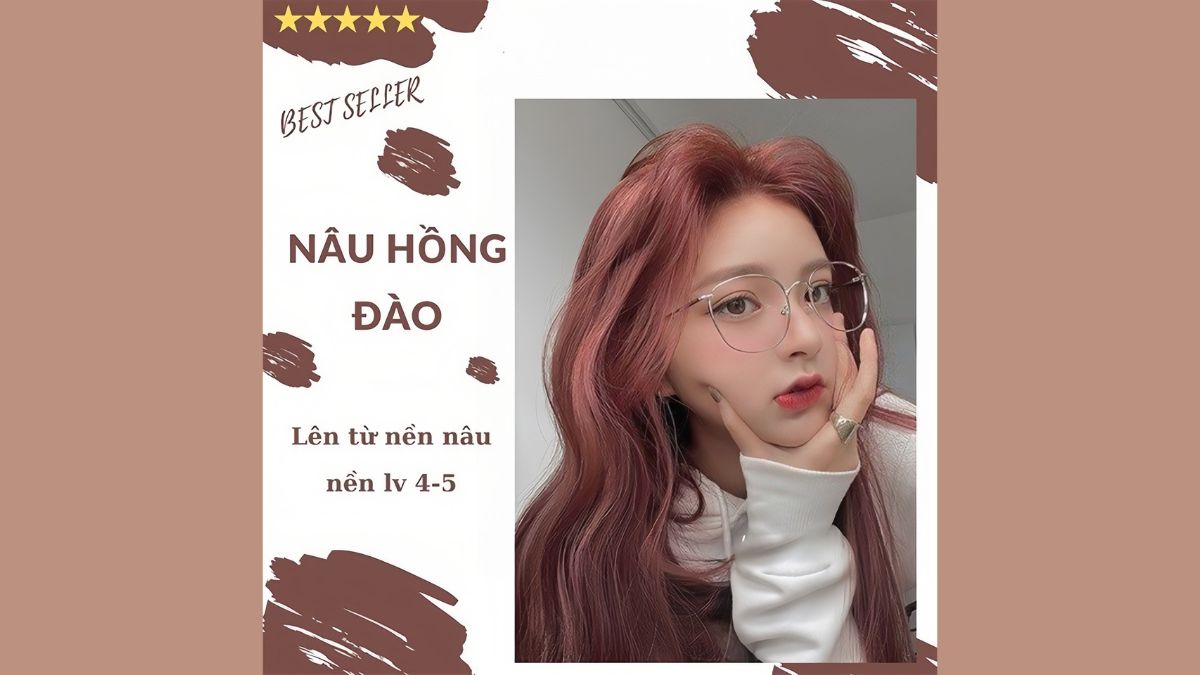 Người với tóc màu nâu hồng đào và kính, bên cạnh là chữ mô tả màu tóc và mức độ.