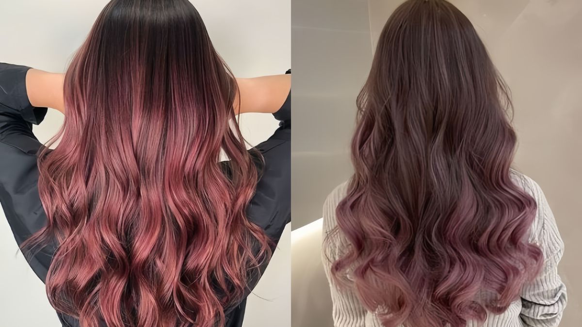 Hai kiểu tóc nhuộm ombre màu hồng tím, tóc dài và xoăn nhẹ, chụp từ phía sau.