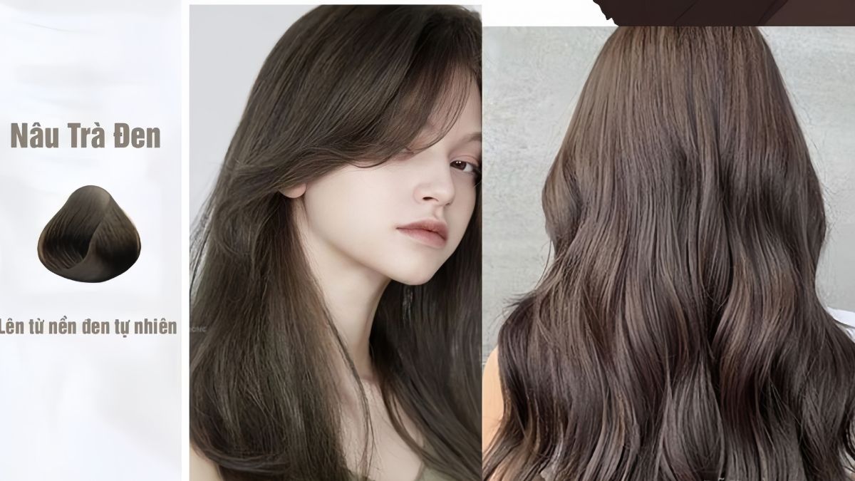 Hình ảnh tóc màu nâu trà đen, gồm ba ảnh: mẫu tóc, cận cảnh khuôn mặt và phía sau mái tóc dài suôn mượt.