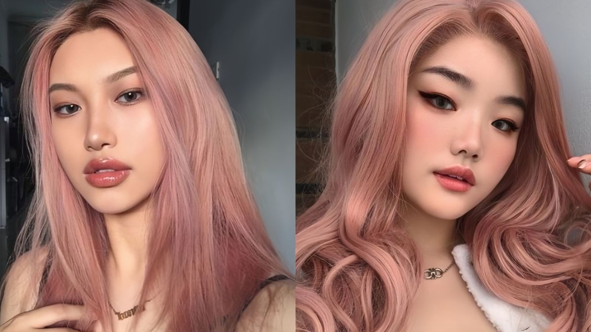 nau-hong-tra-9 Hai người với tóc dài màu hồng, trang điểm nhẹ nhàng, nhìn thẳng vào máy ảnh trong hai bức ảnh ghép.