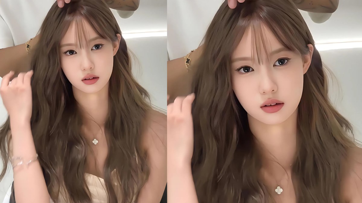 nau-kiwi-11 Người phụ nữ tóc dài nâu, mặc áo không dây, đang được chỉnh tóc bởi người khác trong hai bức ảnh.