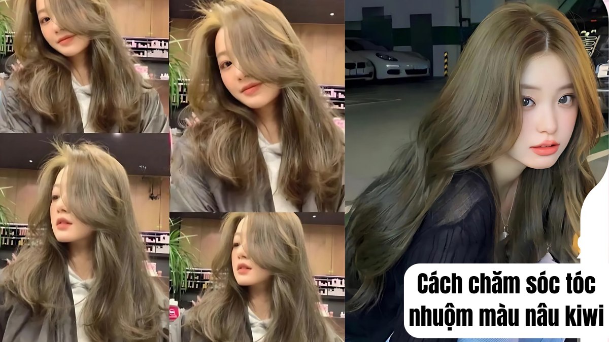 nau-kiwi-14 Người mẫu với tóc nhuộm màu nâu kiwi tạo kiểu trong nhiều góc độ khác nhau, kèm tiêu đề chăm sóc tóc.