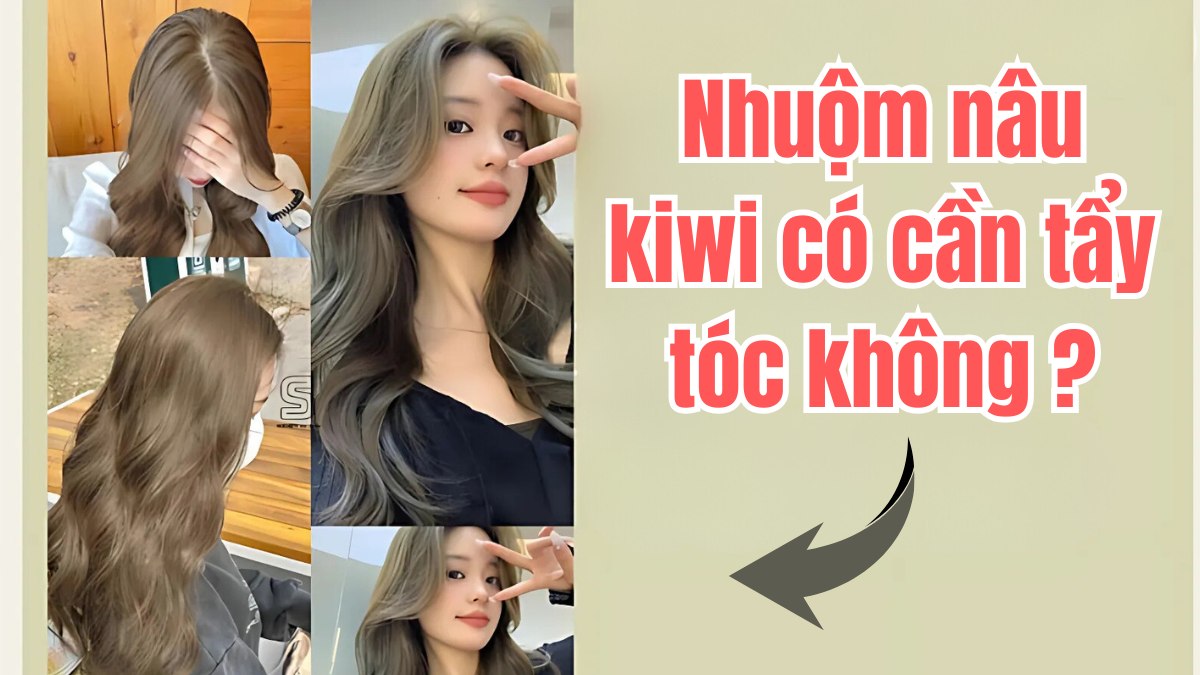 nau-kiwi-3 Hình ảnh collage người có tóc nhuộm màu nâu kiwi với câu hỏi về việc tẩy tóc hay không.