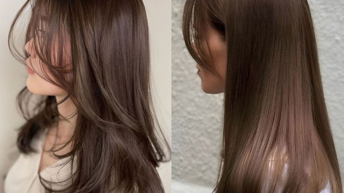 Hai kiểu tóc dài màu nâu khác nhau, một bên xoăn nhẹ, một bên thẳng mượt.