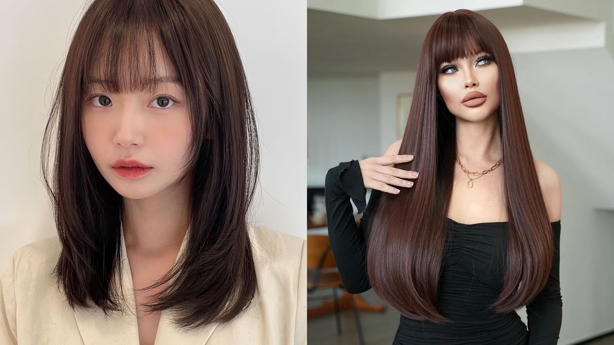 Hai người phụ nữ với kiểu tóc dài thẳng. Người bên trái mặc áo sáng màu, người bên phải mặc áo tối màu.