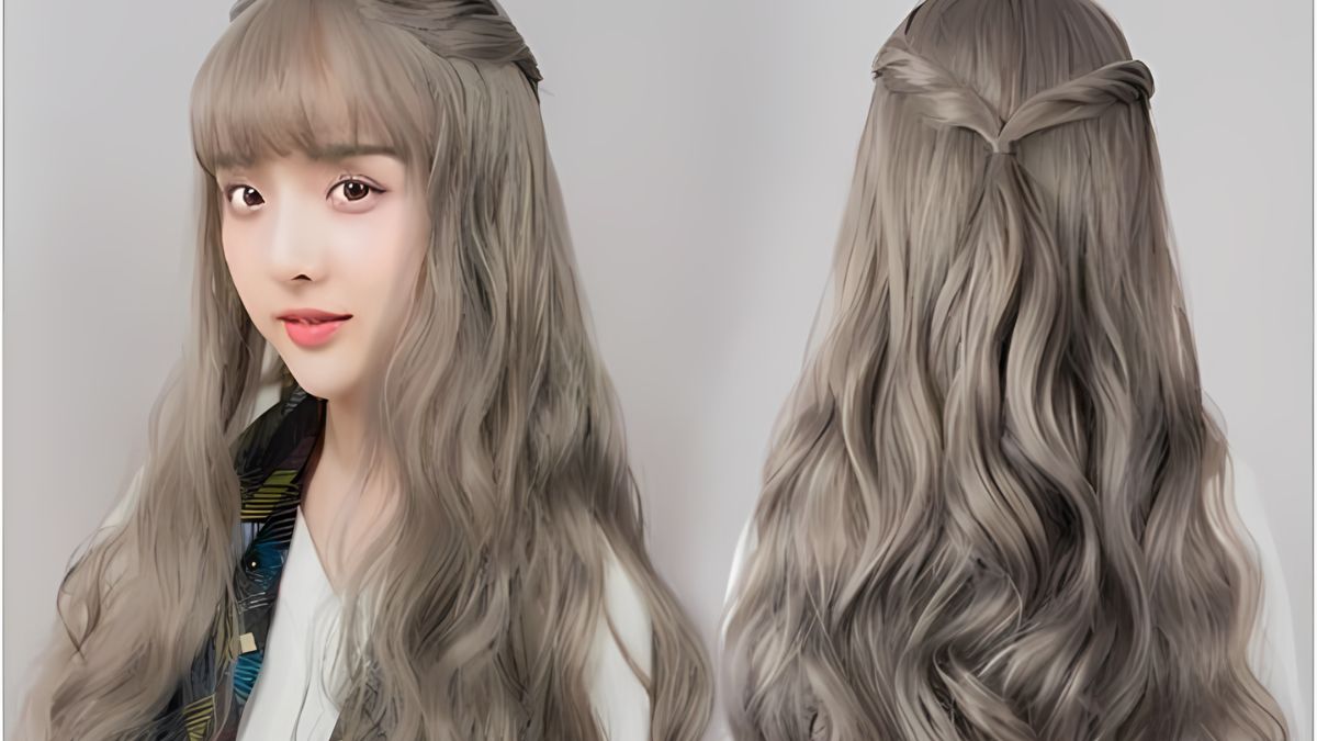 Người mẫu với tóc dài xoăn màu xám, một ảnh chụp từ phía trước và một ảnh từ phía sau.